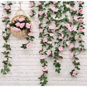 4 count | Pink Rose Floral Vines Green Leaves Garland Wedding Dining Table Decor